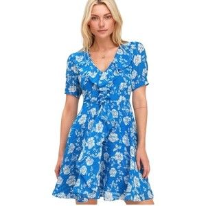 Lulus Ximena Blue Floral Ruffle V-Neck Dress Size M NWT